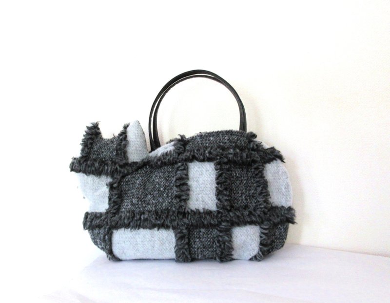 大きめネコバッグ グレーニットのパッチワーク - 手提包/手提袋 - 棉．麻 灰色