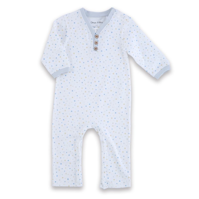 [Deux Filles Organic Cotton] Baby Long Sleeve Jumpsuit/Bart Cover 3~18 Months (Stars) - ชุดทั้งตัว - ผ้าฝ้าย/ผ้าลินิน ขาว