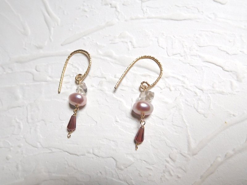 14K gold pearl powder packet drape ear hook (last pair) - Earrings & Clip-ons - Gemstone Pink