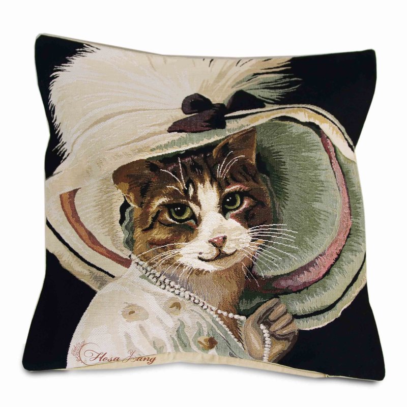 Exclusive limited edition of 1 cat Belle Epoque_necklace black background European century-old craftsmanship jacquard pillow cute - หมอน - ผ้าฝ้าย/ผ้าลินิน 