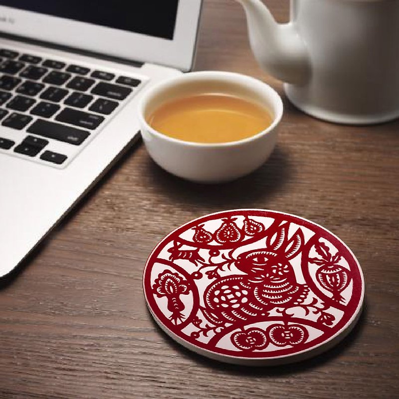 [Wanmei Wenchuang] Taiwan paper-cut series_water-absorbing ceramics_Mid-Autumn Lucky Rabbit Coaster - Coasters - Pottery Red