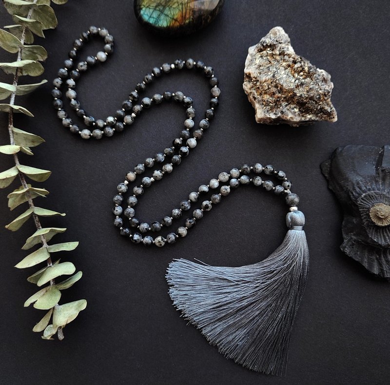 Mala Chandra - Larvikite Dark Labradorite Japa 108 Meditation Beads Rosary - Long Necklaces - Semi-Precious Stones Gray