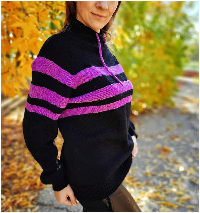 女性のための手編みタートルネック セーター アルパカ、婦人服、秋のセーター - ニット・セーター - ウール ブラック