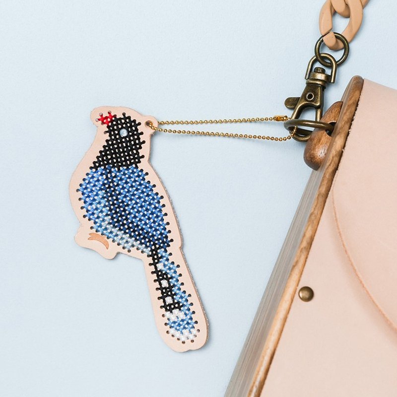 【Formosan Blue Magpie】Leather Ornament - Cross Stitch Kit - Knitting, Embroidery, Felted Wool & Sewing - Genuine Leather Multicolor