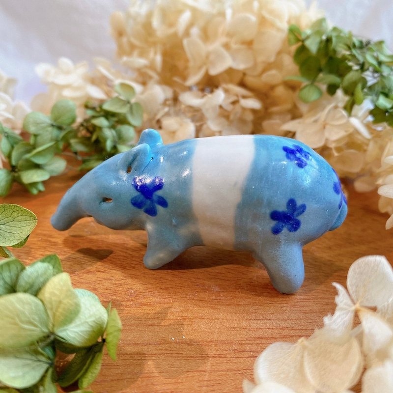 [Handmade Ceramics] Malayan Tapir Porcelain Doll-Blue Flower Handmade Ceramics Christmas Gift - Stuffed Dolls & Figurines - Porcelain Blue