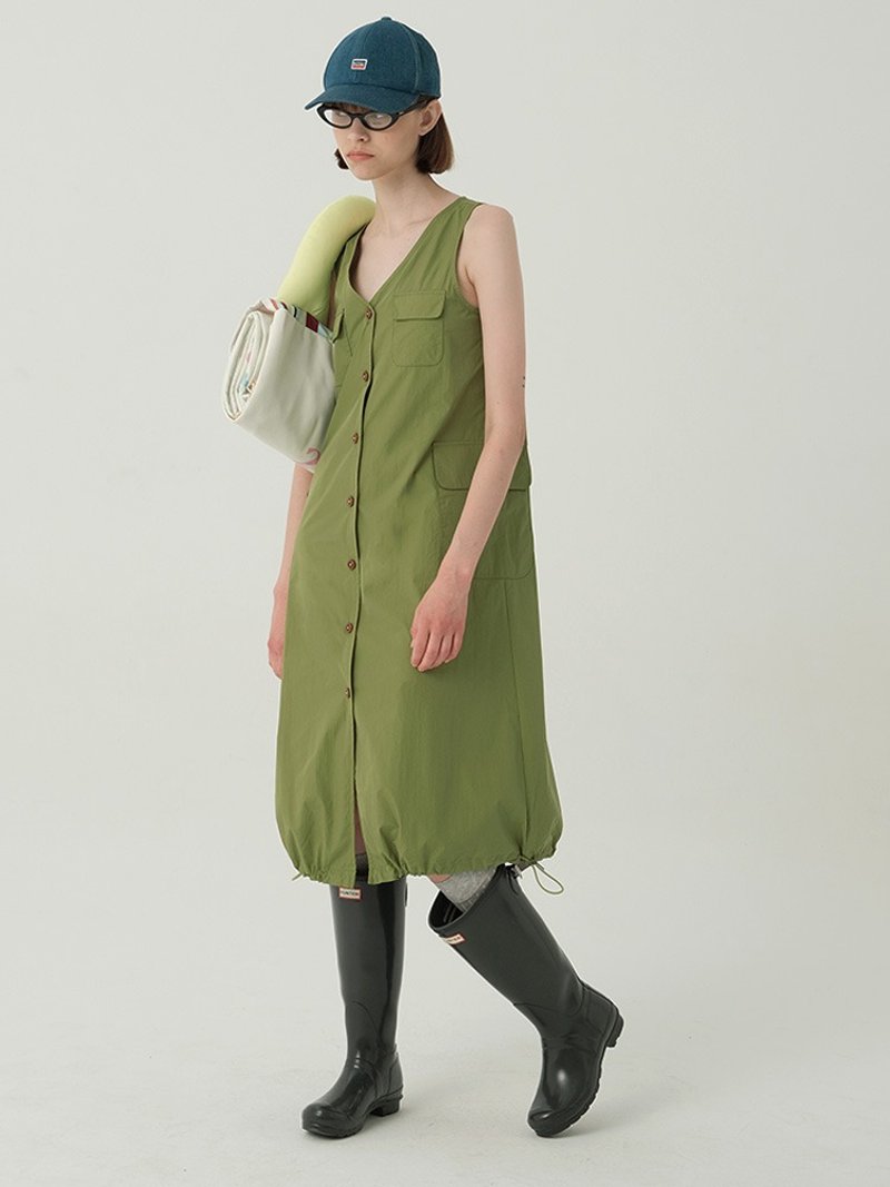 ECRU SOLI Plain White Japanese Camping Style Retro Army Green Tank Top Skirt - One Piece Dresses - Other Materials Green