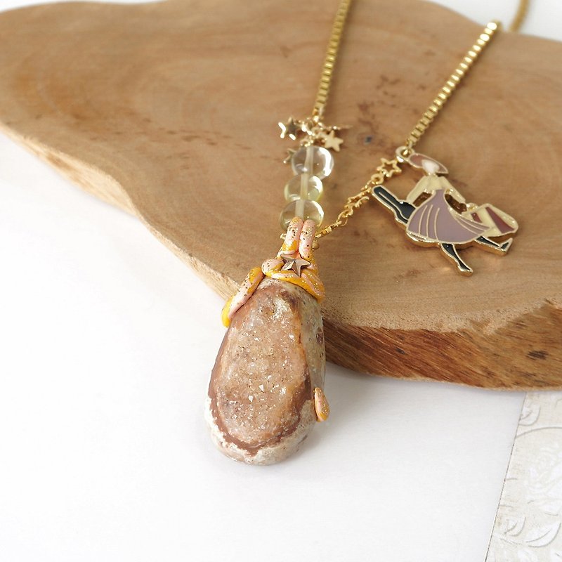 Earth Yellow Brown Druzy Crystal Stone Necklace on Gold Stainless Steel Chain - Necklaces - Crystal Gold