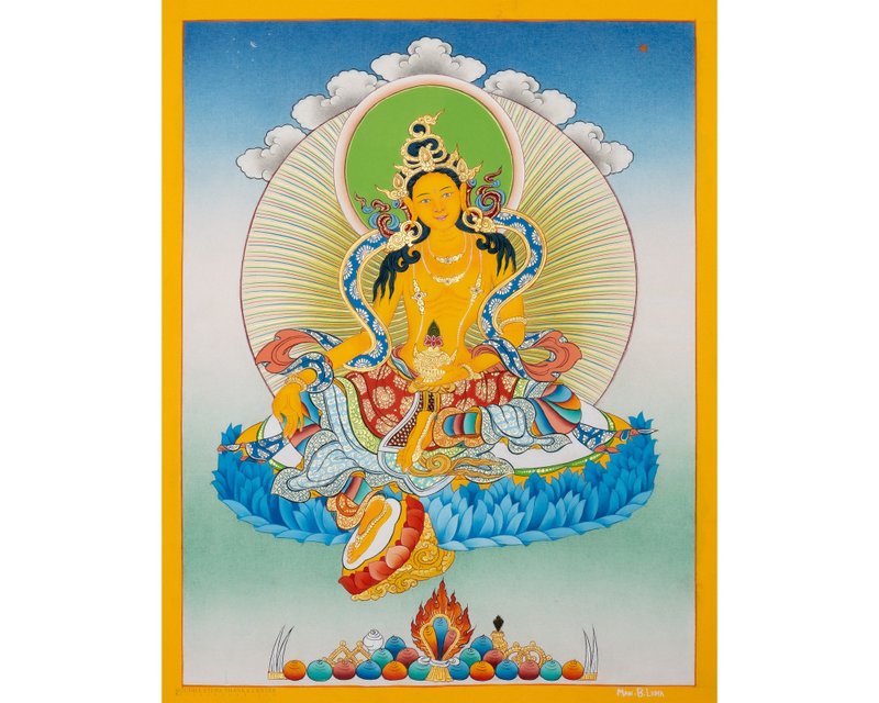 Radiant Illumination: Yellow Tara Thangka Painting - Awaken Divine Enlightenment - Wall Décor - Other Materials Multicolor