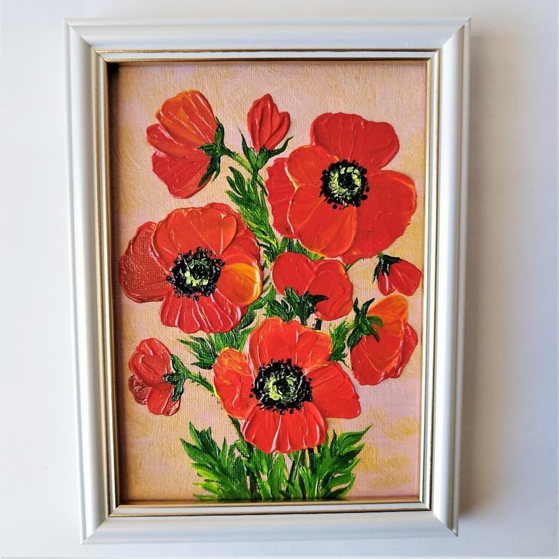 Poppies Bouquet Painting 畫 Floral Wall Decoration Red poppy Flowers Artwork 油畫 - 壁貼/牆壁裝飾 - 壓克力 紅色
