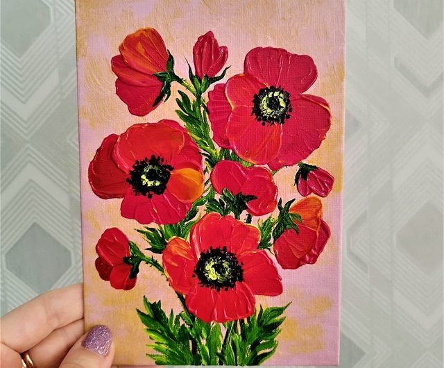 赤いポピーの油彩画 額縁付き 赤いポピーの油彩画 額縁付き 赤いポピーの油彩画 額縁付き