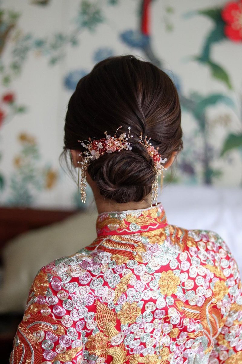 Bridal Headpiece華麗新娘中式頭飾-日本米珠花型款(1套2件) - 髮圈/髮夾 - 水晶 紅色