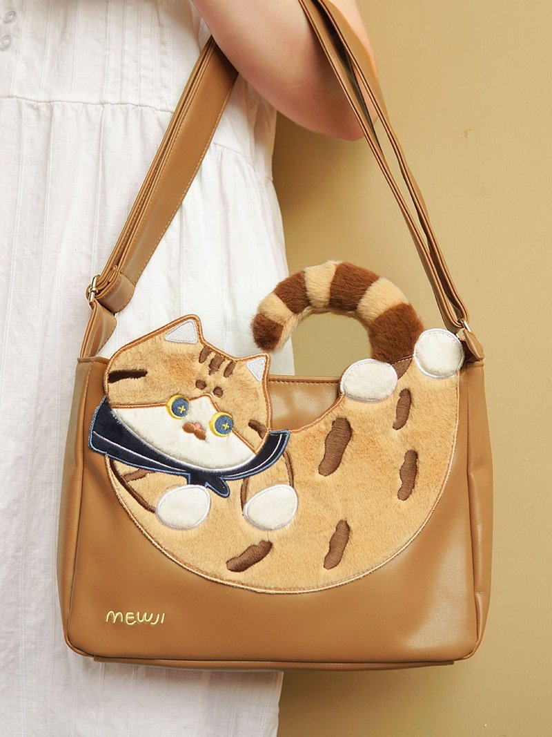 MEWJI Miaoji original cat cute Japanese retro tabby cat brown shoulder bag messenger bag gift - กระเป๋าแมสเซนเจอร์ - เส้นใยสังเคราะห์ 