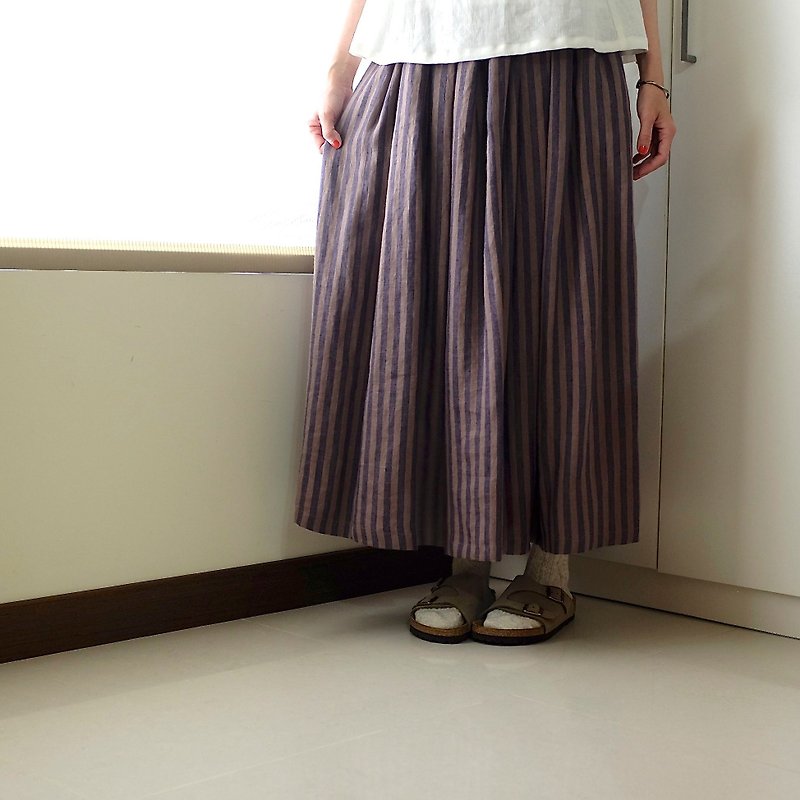 Daily hand-serving mocha stripes wrinkled dress linen - กระโปรง - ผ้าฝ้าย/ผ้าลินิน สีนำ้ตาล