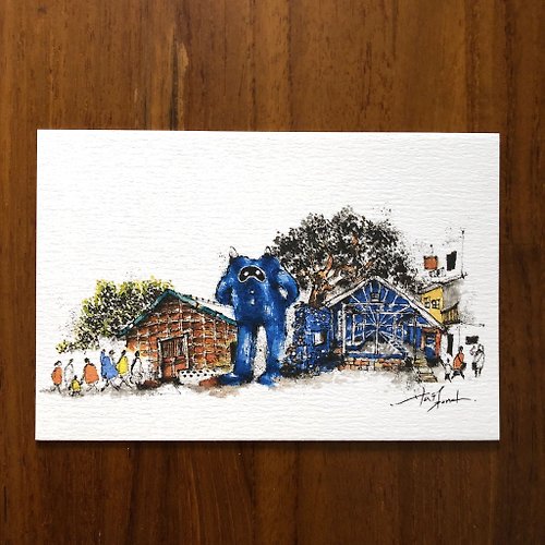 武士龐德 枯枝筆速寫 台南景點 藍晒圖 水彩 插畫 手繪明信片