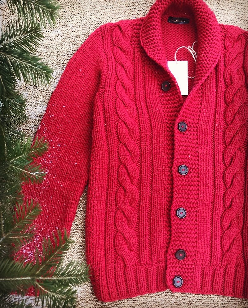 Handmade knitted sweater Mens Organic Wool Natural Red Cardigan for Mens Cable - สเวตเตอร์ผู้ชาย - วัสดุอื่นๆ 