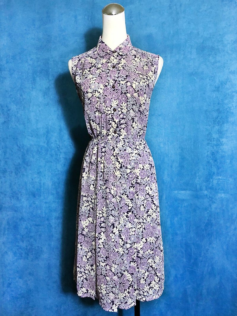 Romantic purple flowers sleeveless vintage dress / bring back VINTAGE - One Piece Dresses - Polyester Purple