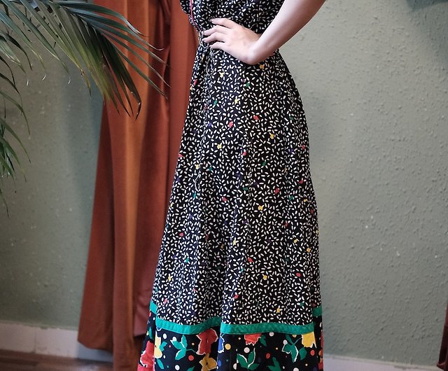 Vintage dress American patchwork print puff sleeves large skirt