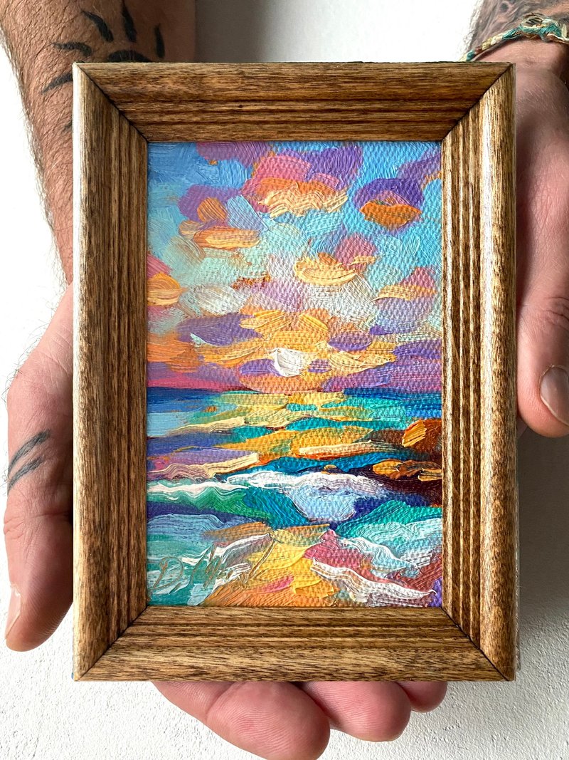 海景油畫原創海景畫厚塗小幅藝術品海洋海岸壁畫 - 壁貼/牆壁裝飾 - 木頭 