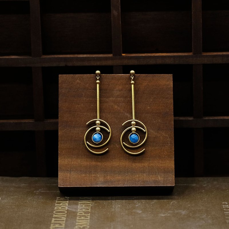 String Series Brass Apatite Dangle Earrings Ear Pins Without Piercings - ต่างหู - ทองแดงทองเหลือง สีน้ำเงิน
