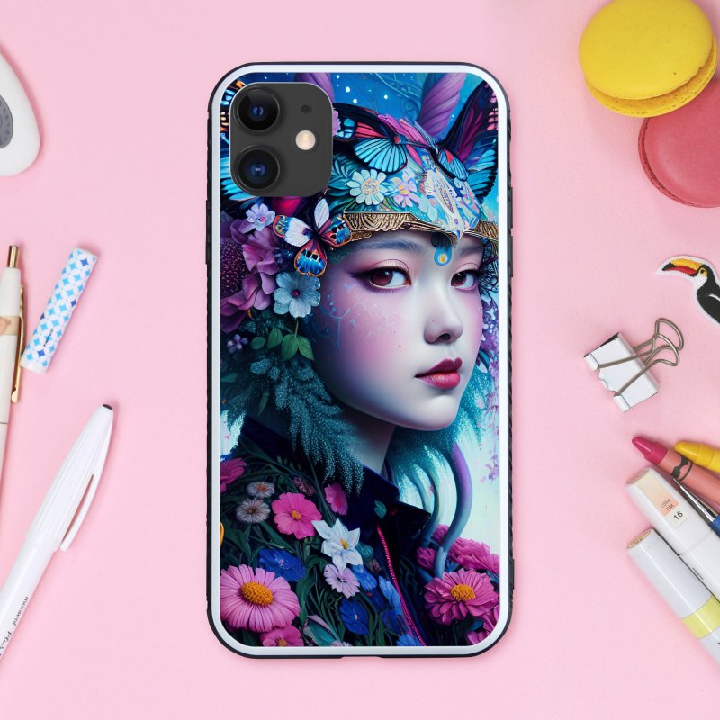 A cute and dreamy witch with a fantastical and glittering butterfly and flower lover hat. Smartphone case [tempered glass finish] Compatible with iPhone 16 - เคส/ซองมือถือ - พลาสติก หลากหลายสี