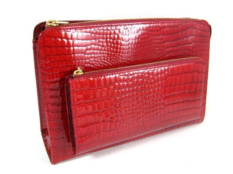 エナメル　財布付クラッチバック　ワイン - 手提包/手提袋 - 真皮 紅色