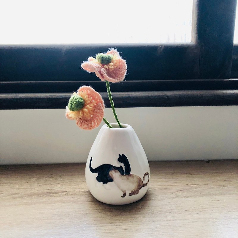手絞りホワイト花瓶/ベンツとシャム猫 - 花瓶・植木鉢 - 磁器 多色