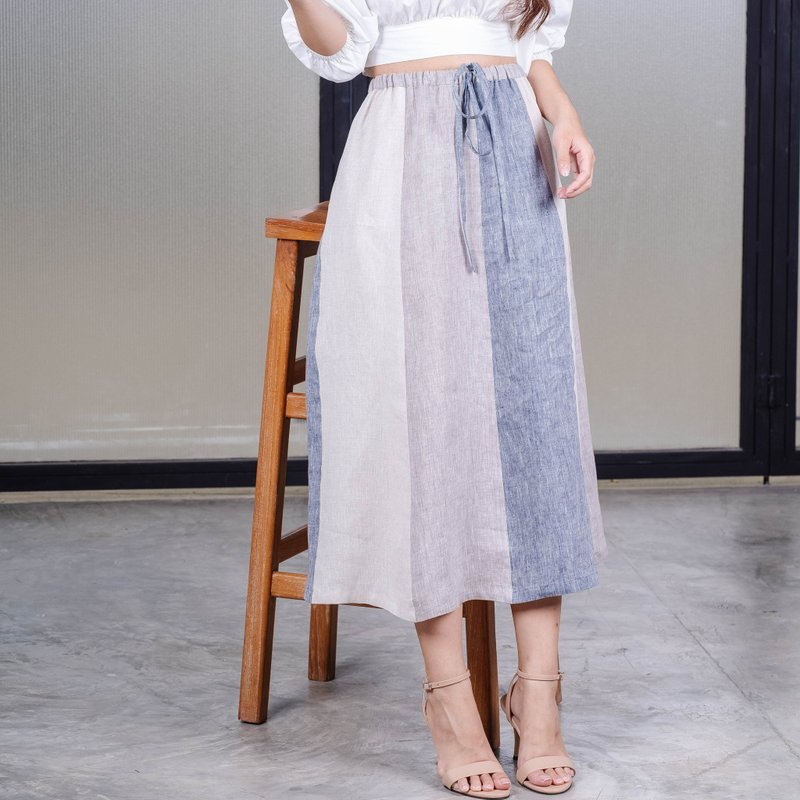 Natural Linen Long Skirts with Patchwork Detail - Multicolor Beige/Grey/Natural - 裙子/長裙 - 亞麻 多色