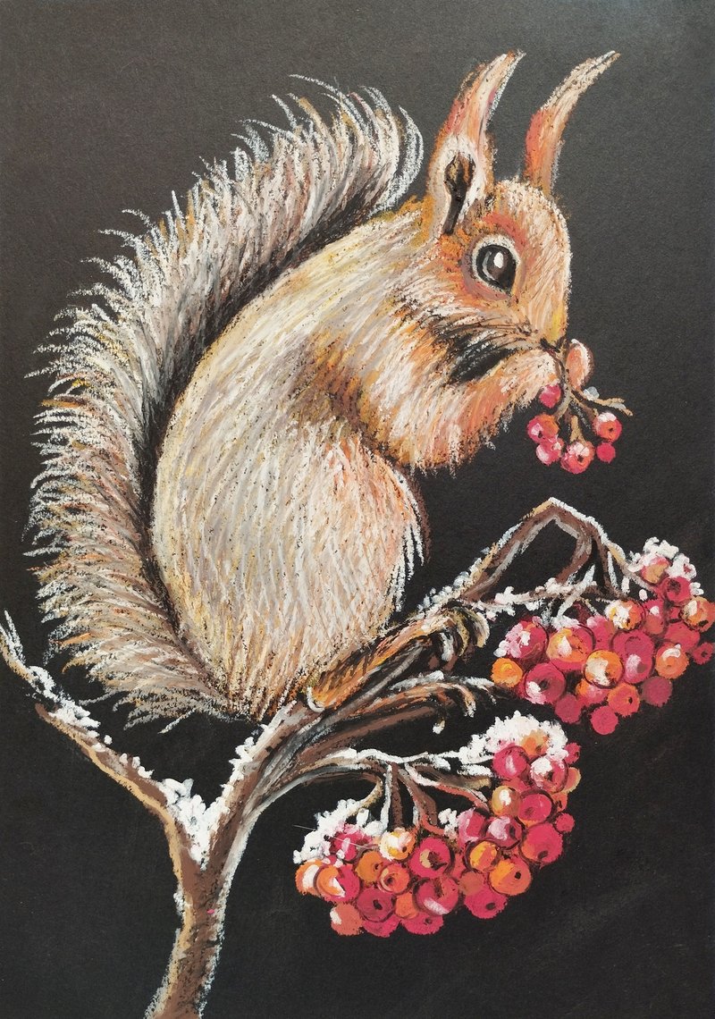 Squirrel painting forest Painting Portrait animal art winter painting drawing - 壁貼/牆壁裝飾 - 紙 咖啡色