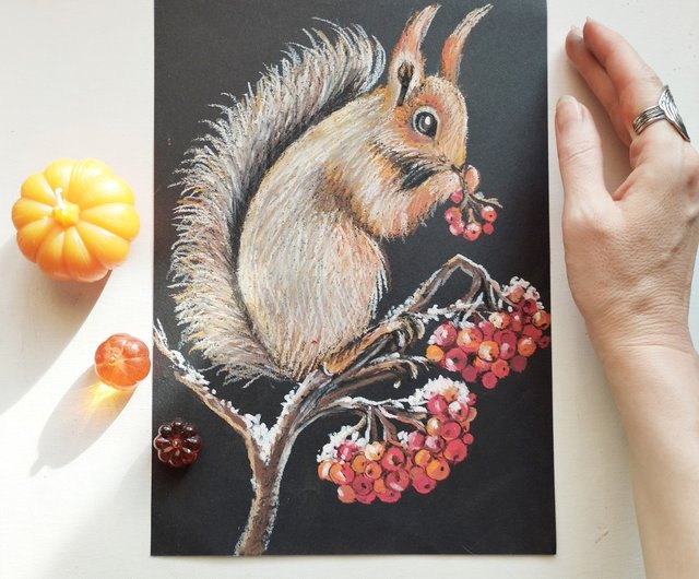 リスの絵の森の絵画肖像画動物アート冬の絵画の描画 - ショップ