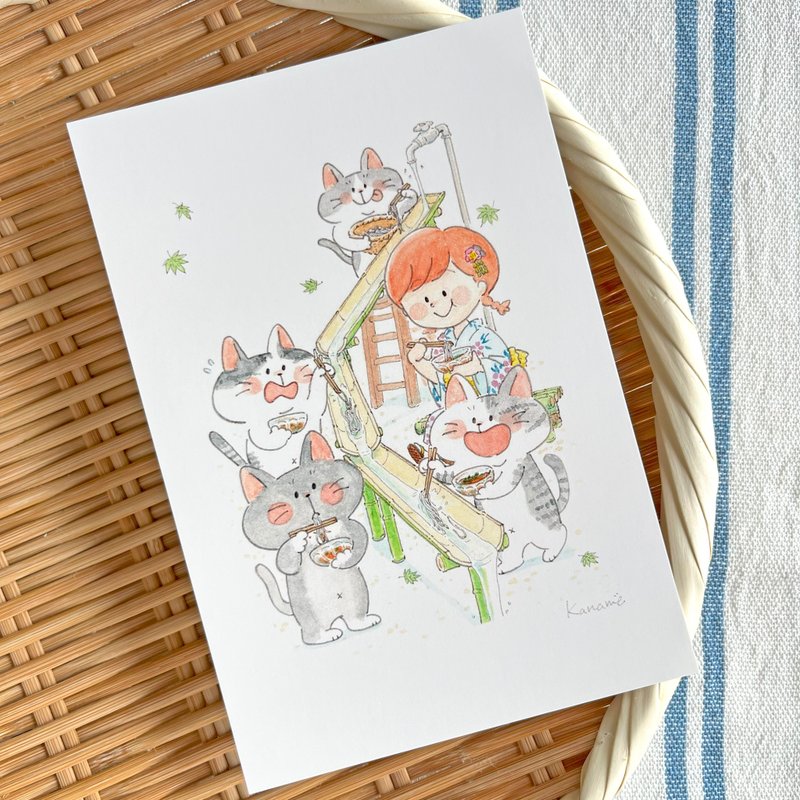 ポストカード ー 流しそうめんと猫 - 卡片/明信片 - 紙 綠色
