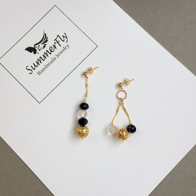 Ear clip-on can be changed! Obsidian black and white imitation stone ❤️ ❤️ ❤️ irregular asymmetric Earrings earrings long paragraph without pierced ear hook ear wire birthday gift exchange - Earrings & Clip-ons - Stone Black