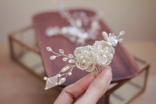 SAYSOcessories Handmade 手工啞白珠花珍珠頭飾,新娘水晶頭飾,新娘花飾,bridal headpiece