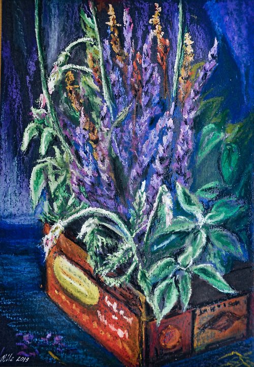 AsheArt Lavender still life Oil pastel painting Original art Floral painting