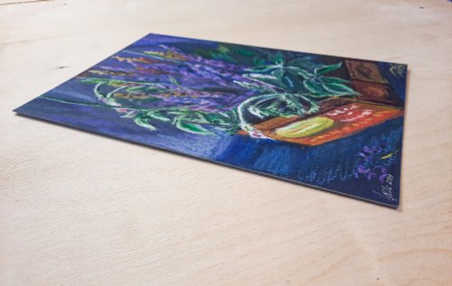 ラベンダーの静物画 オイルパステル画 オリジナルアート 花の