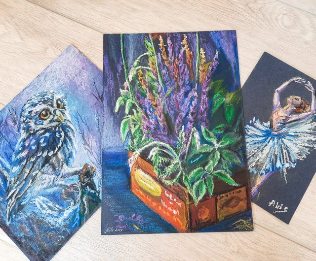 ラベンダーの静物画 オイルパステル画 オリジナルアート 花の