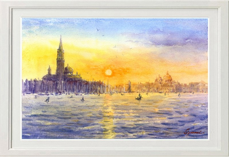 Made to order: Original watercolor painting of a sunset in Venice - โปสเตอร์ - กระดาษ สีเหลือง