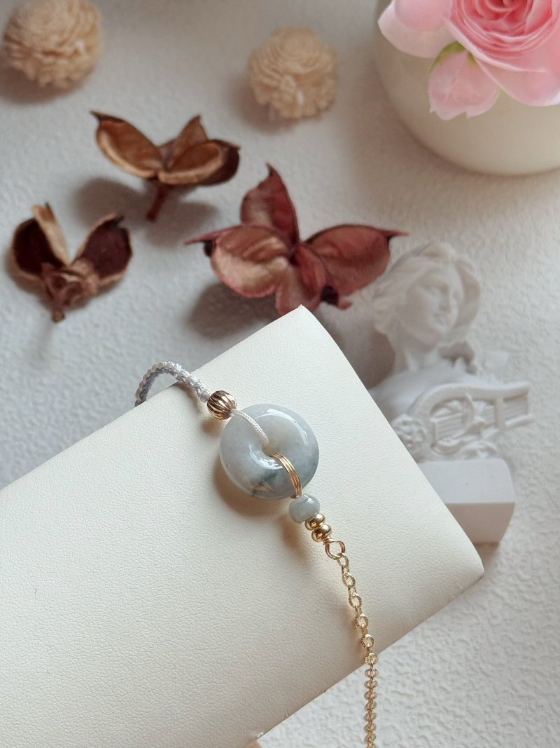 AZ Jadeite Peace Buckle Bracelet - Soft White with Floating Green, New Chinese Design - Bracelets - Gemstone 