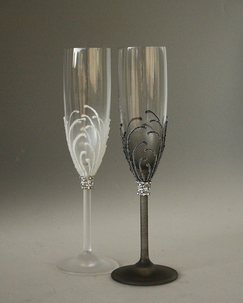 Mr and Mrs Champagne Glasses Wedding Hand Painted Set of 2 - Bar Glasses & Drinkware - Glass Silver