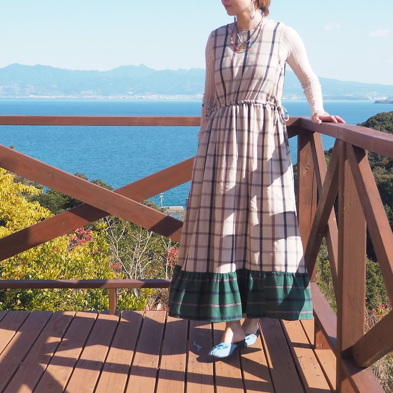棉．麻 洋裝/連身裙 綠色 - Check flannel cotton dress