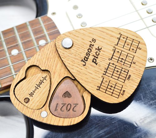 EngravedWoodBox Personalized two guitar picks in holder, Wooden custom guitar pick