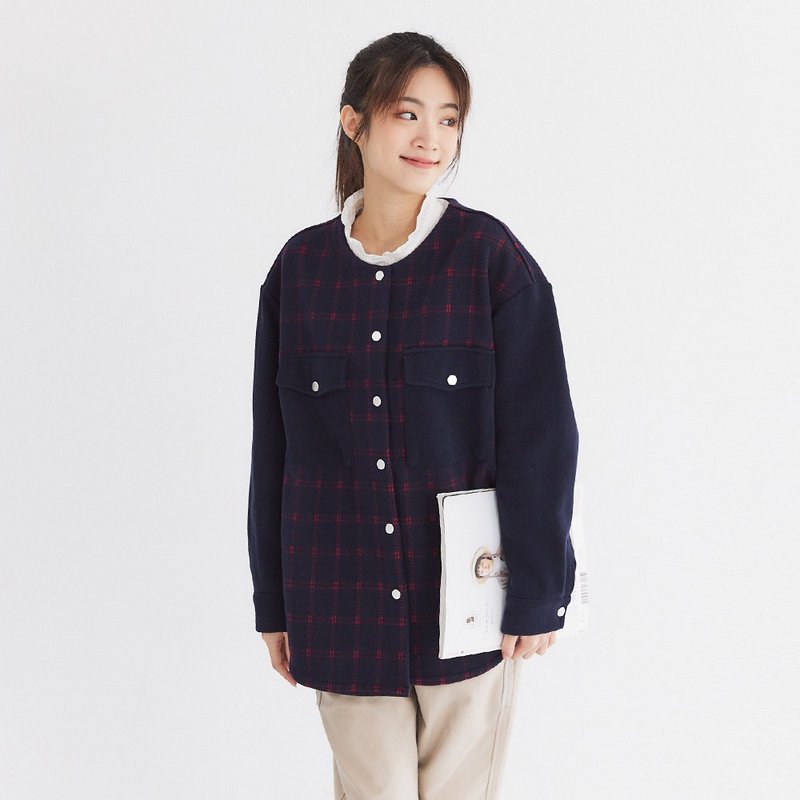 【Simply Yours】Checked Knitted Patchwork Jacke.Blue F - เสื้อแจ็คเก็ต - วัสดุอื่นๆ สีน้ำเงิน