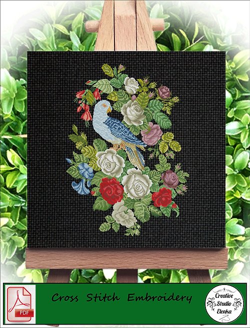 CreativeStudioElenka Vintage Cross Stitch Scheme Blue parrot - PDF Embroidery Scheme