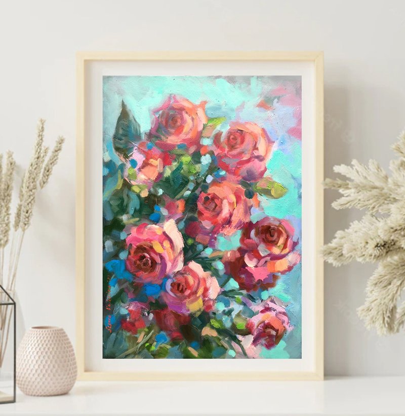 Floral Painting on Canvas Pink Roses Floral Original Oil Painting - Wall Décor - Other Materials Red