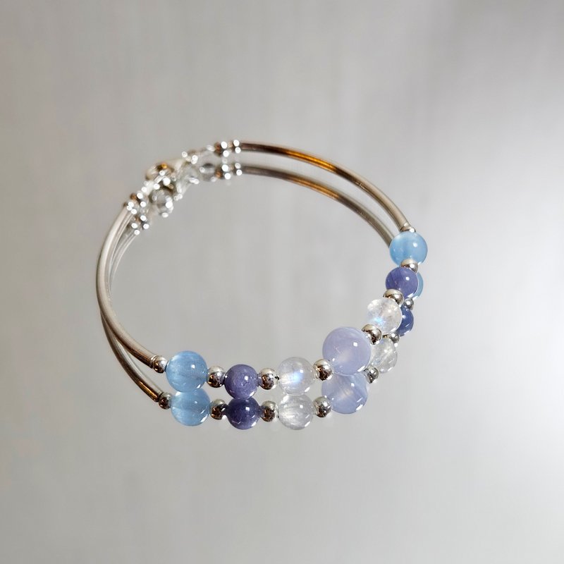 Ocean Series S925 Sterling Silver Tanzanite Blue Pattern Agate Aquamarine Moonstone Bracelet | Handmade - สร้อยข้อมือ - เงินแท้ สีน้ำเงิน