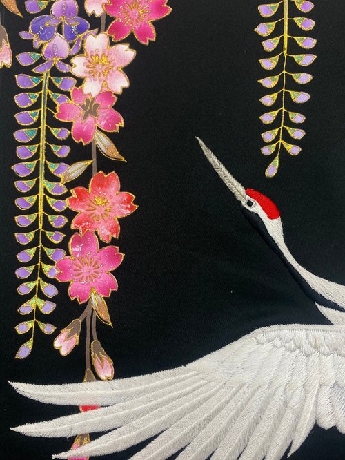 インテリア　額縁　鶴　縁起物　アンティーク　着物 色打掛からつくるアートパネル vintage 刺繍着物 和モダン 和風