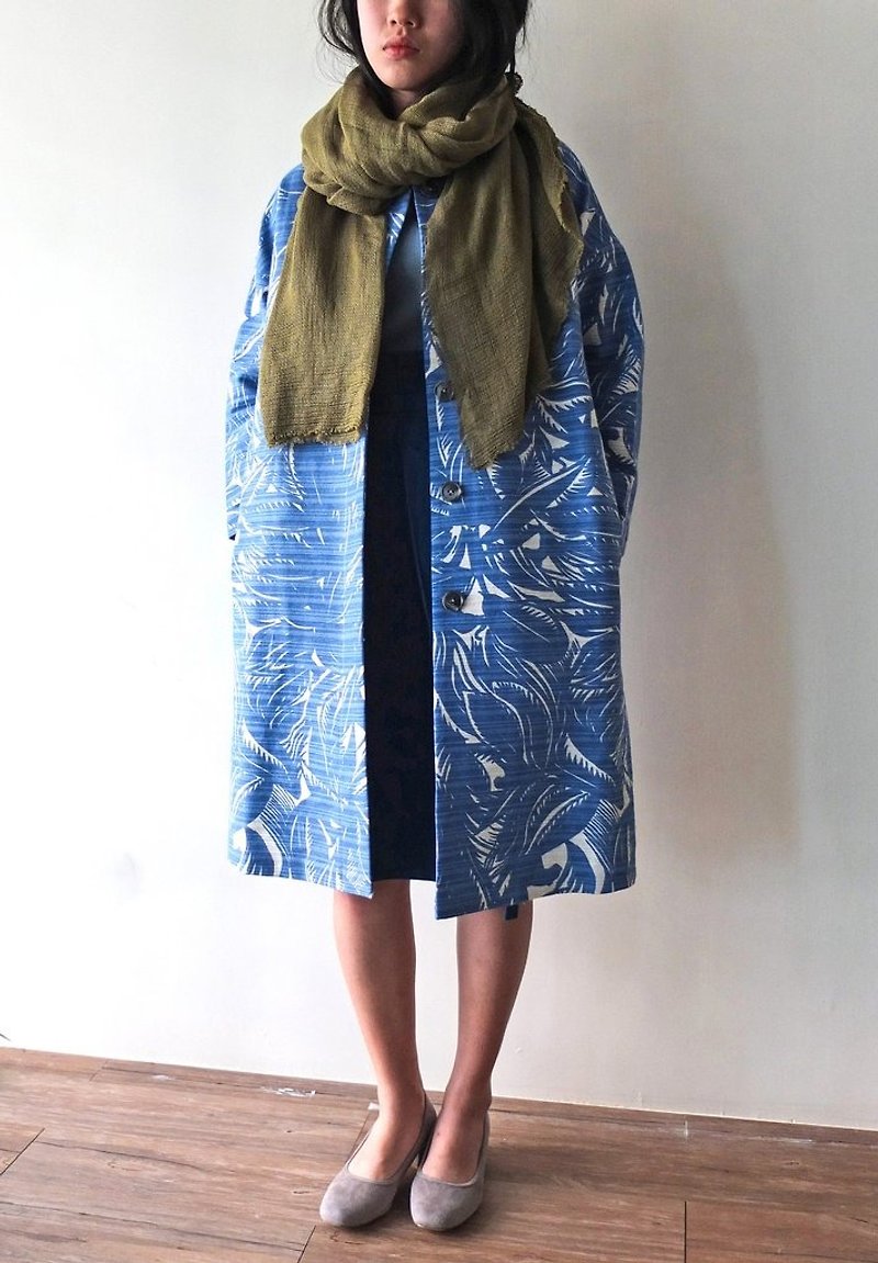 Turkey blue printing breasted coat (showpiece clearing) - เสื้อแจ็คเก็ต - ผ้าฝ้าย/ผ้าลินิน 