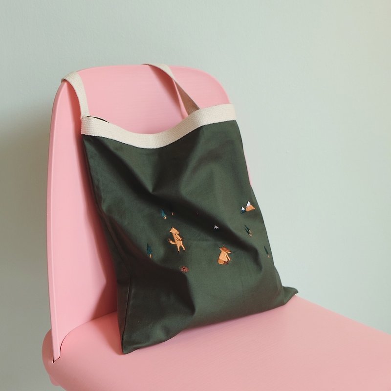 FOX Tote Bag ( Green ) - 後背包/書包 - 繡線 綠色