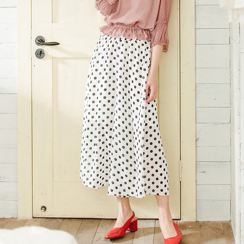Annie Chen 2018 spring and summer new literary ladies pants wave point long skirt pants - Women's Pants - Cotton & Hemp White