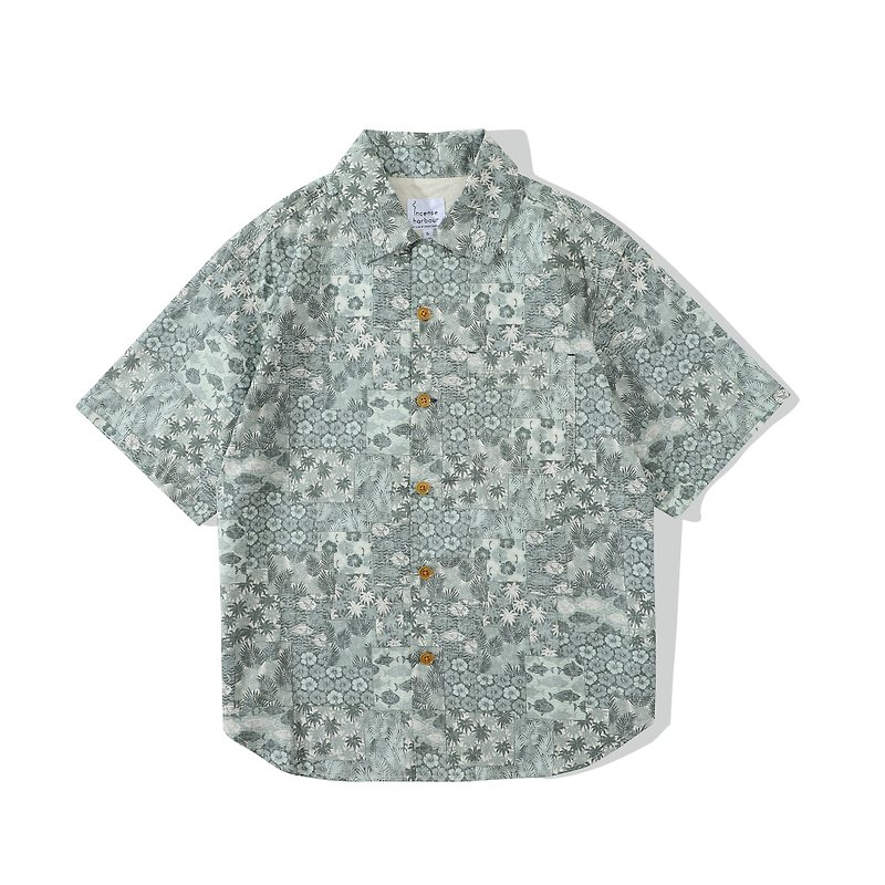 Incense Harbour 日本布料半袖仿拼布魚圖案花襯衫 恤衫 - 綠色 - 男裝 恤衫 - 棉．麻 藍色