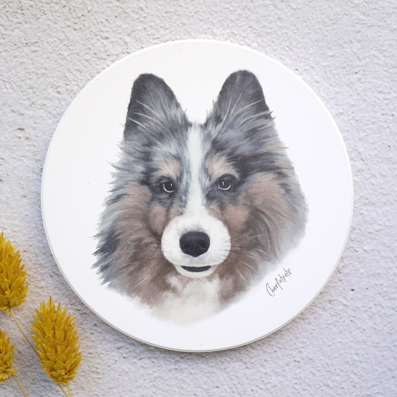 Watercolor Style Pet Portrait Coaster (Marble Shetland) - อื่นๆ - ดินเผา ขาว